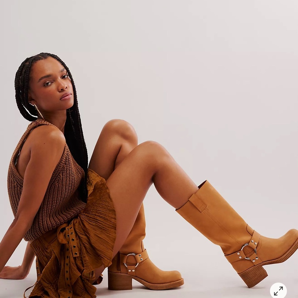 Free People Tan Ankle Boots with Chunky Heel and Slouchy Shaft